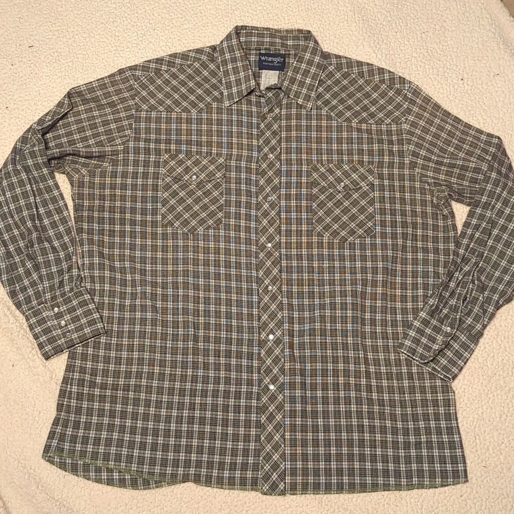 Vintage '90s style western super thin plaid Wrangler pearl snap 2XL‎